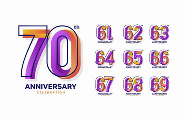 Colorful anniversary celebration logotype set. 61, 62, 63, 64, 65, 66, 67, 68, 69, 70