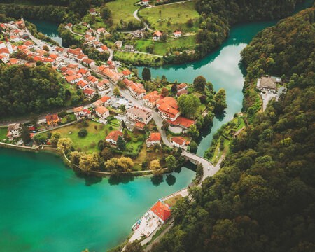 Aerial view of the Soca and Isonzo river, Slovenia.