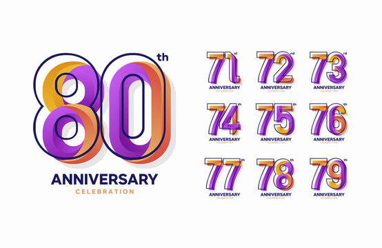Colorful anniversary celebration logotype set. 71, 72, 73, 74, 75, 76, 77, 78, 79, 80