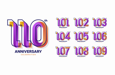 Colorful anniversary celebration logotype set. 101, 102, 103, 104, 105, 106, 107, 108, 109, 110 - obrazy, fototapety, plakaty