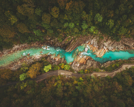 Aerial view of a bridge on the Soča / Isonzo river, Slovenia.
