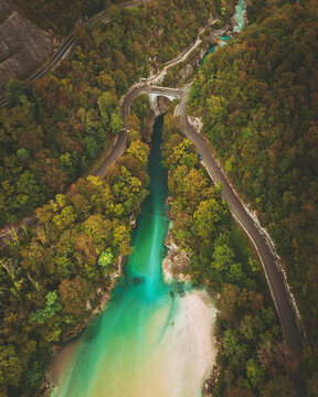 Aerial view of a road along the Isonzo river, Slovenia.