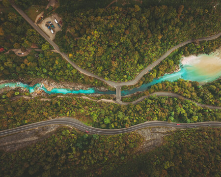 Aerial view of a bridge on the Soca river, Slovenia.