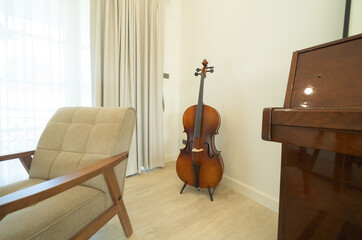 Piano and cello room at home or house for party music performance. Interior design. Entertainment....