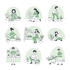 People Character Planting Growing and Cultivating House Greenery Outline Vector Set