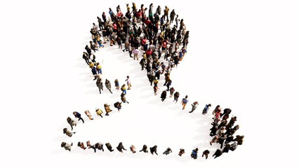 Concept or conceptual large gathering  of people forming an image of a human brain on white background.  A 3d illustration metaphor for science, intelligence, anatomy, neurology, brainstorming