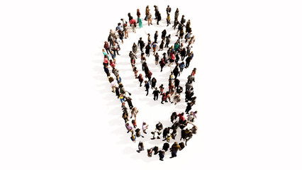 Concept or conceptual large comunity of people forming the image of an ear on gray background.  A 3d illustration metaphor for hearing loss, tinnitus, vertigo, ear pain or infection, auditory testing