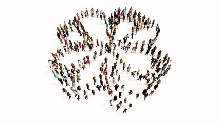 Concept or conceptual large gathering of people forming an image of a four-leafed clover.  A 3d illustration metaphor for good luck, faith, hope, love, tradition, nature, growth and spring