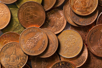 Macro Thai baht coin background,Macro coin,Double Exposure of Coins ,Coins macro shot,Money thai coins background. Various coins used in Thailand.