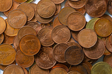 Macro Thai baht coin background,Macro coin,Double Exposure of Coins ,Coins macro shot,Money thai coins background. Various coins used in Thailand.