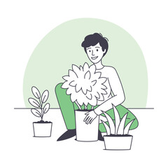 Man Character Planting Growing and Cultivating Greenery Outline Vector Illustration