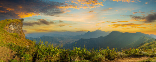 Summer mountain landscape in Thailand,Panorama of the Romanian countryside at sunset in the evening...