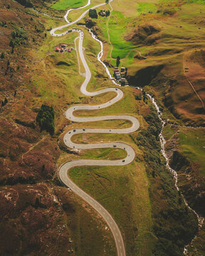Aerial view of the Julierpass mountain road, Switzerland.