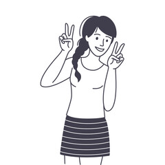 Woman Character Showing V Peace Sign as Positive Hand Gesture Outline Vector Illustration