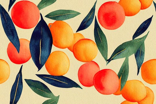 Watercolor seamless pattern with citrus and leaves, bird peacoc.