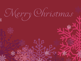 Fototapeta na wymiar merry christmas text with pink snowflakes covered on dark red ground