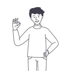 Man Character Showing Ok Positive Hand Gesture Outline Vector Illustration