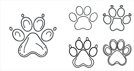Fototapeta premium Set of multriple dog paw vector print. Silhouettes outline shapes of wolf toe. Imprint of flat decoration marks. Creative fun line isolated on white background. Footprints on snow.