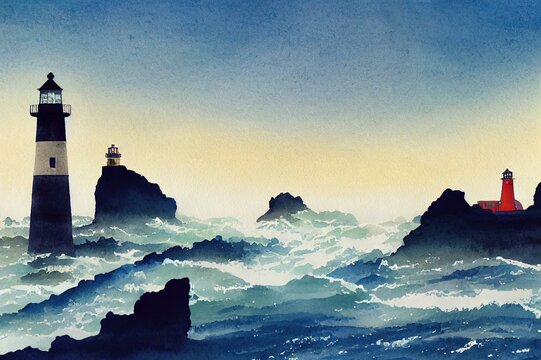 Seascape with rocks and an old lighthouse on the background of the sea with copy space, Hand drawn watercolor illustration, isolated on white background