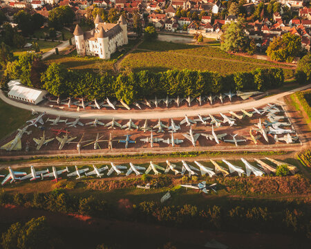 Castle of Savigny-l&egrave;s-Beaune, France - 07 September 2021: Aerial view of a fighter jet collection,.