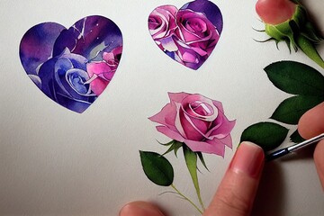 Watercolor roses in a shape of heart with retro envelope.