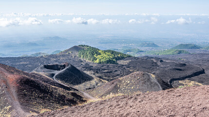 A Silvestre Crater of the Etna volcano with the plain of Catania in the background