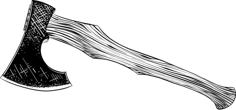 PNG engraved style illustration for posters, decoration and print. Hand drawn sketch of axe in black isolated on white background. Detailed vintage etching style drawing.	
