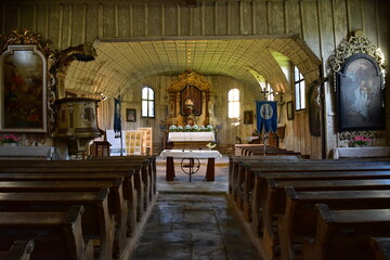 Interior of wooden church of St. Michael Archangel, Marsikov