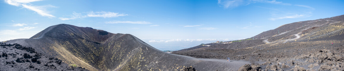 Extra wide angle view of the Etna volcano with its craters, lava and lunar landscape