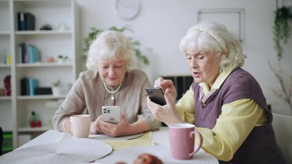 Happy senior women scrolling smartphones at home, contemporary grandmas