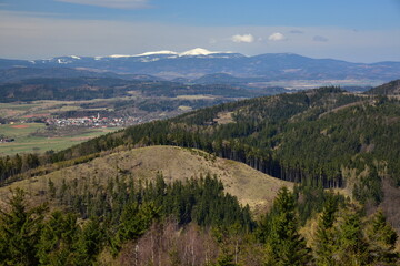 Spring view from Ruprechticka observation tower on Giant Mountains, Broumov area, Broumov, Broumov Walls
