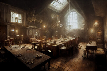 AI generated image of a medieval tavern somewhere in Europe  - obrazy, fototapety, plakaty