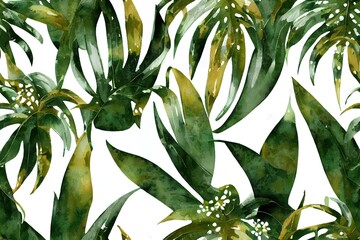 Watercolor seamless pattern with tropical palm leaves. Hand painted exotic leaves and branches isolated on white background. Floral jungle illustration for design, print, fabric or background.
