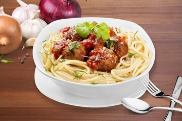 Tasty dish pasta with meat balls, food concept