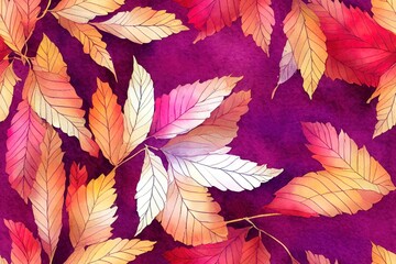 Long seamless banner with autumn colored withered leaves. Watercolor hand painted botany leaves. Banner header for designing greeting cards