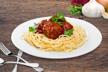 Tasty dish pasta with meat balls, food concept