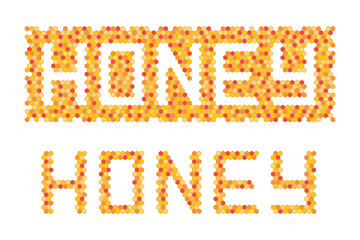 Colorful vector geometrical word Honey and honeycombs, logo ideas