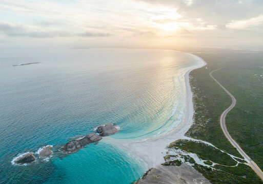 Aerial view of Wylie Bay at sunset, Western Australia, Australia.