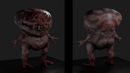 Digital 3d illustration of a hairless gremlin creature with huge teeth and horror eyes - fantasy painting