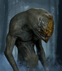 Digital 3d illustration of a troll creature in a dark blue forest concept art - fantasy painting