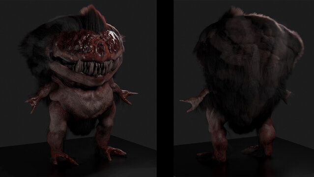 Digital 3d illustration of a hair covered gremlin creature with huge teeth and horror eyes - fantasy painting