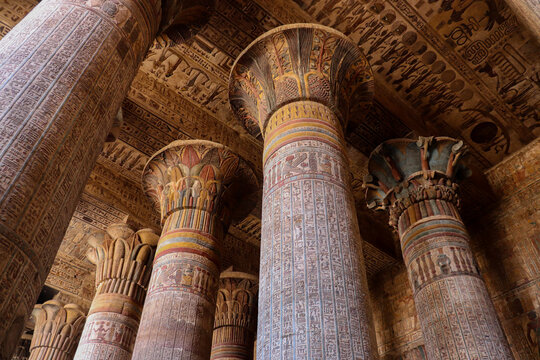 Beautiful decorated columns at Khnum temple in Esna, Luxor 