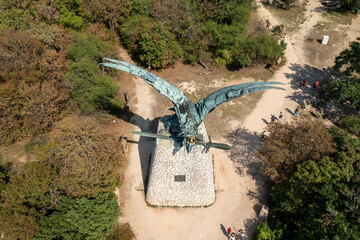 Aerial view of Turul Emlekmu, a landmark statue of a mythological bird, Tatabánya, Hungary.