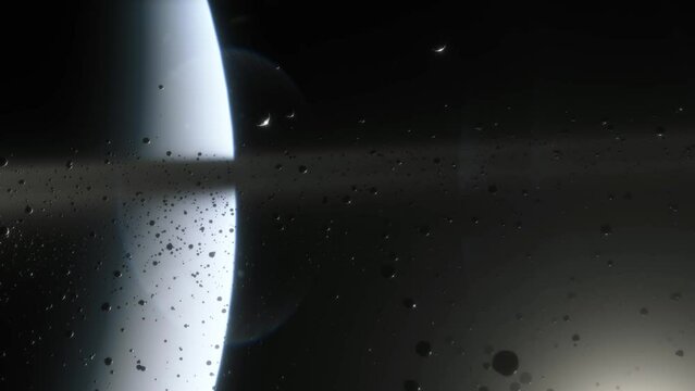Cinematic animation of Saturn's rings made of rocks, dust and ice. Planet Saturn is a huge planet of the solar system with beautiful rings. Asteroid field near the planet