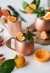 Winter tangerine and cinnamon alcohol ice cocktails with mint, close-up