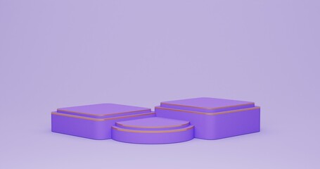 Realistic 3D purple and golden round corner cube pedestal or stand podium. 3D abstract studio room geometric platform design.3D Render