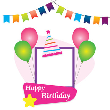 Happy birthday card with colorful balloons  and photo frame