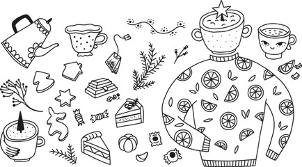 Hand drawn doodle confectionery set. Vector scribble illustration of mugs, cakes and various pastries. Collection of festive goodies and warm sweater on white background. Elements with New Year mood.