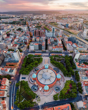 Aerial view of Campo Pequeno residential district in Lisbon city center at sunset, Portugal.
