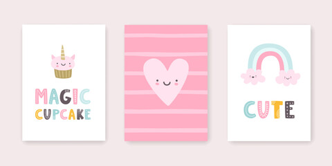 Set of cute posters for baby room. Kawaii prints collection for new born wall art and apparel.